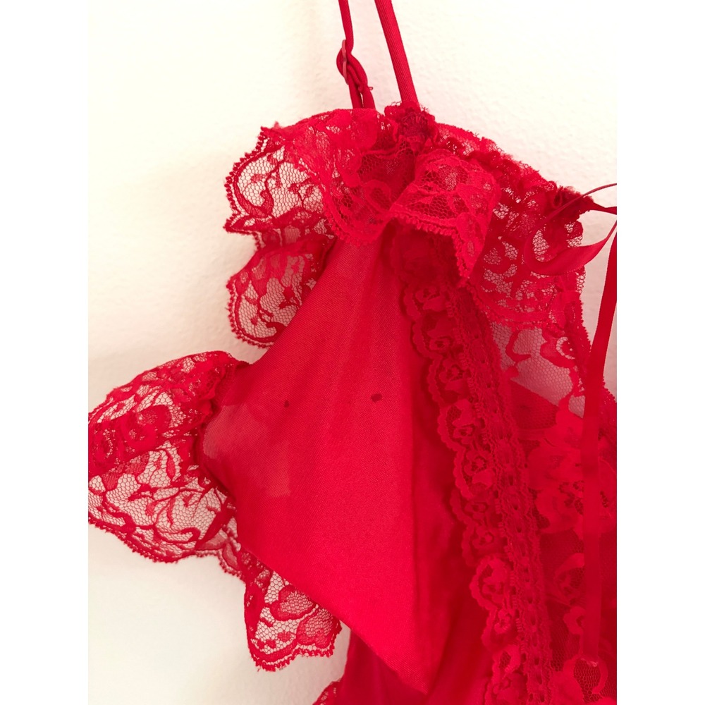 Vintage 80s Coquette Red Lace Ruffle Lingerie Bodysuit Teddy M - Picture 5 of 5